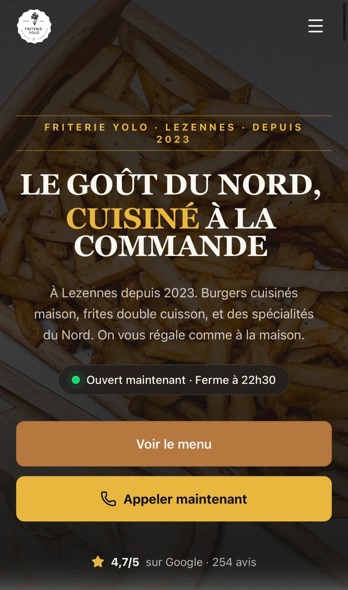 Aperçu après : nouveau site Friterie Yolo sur mobile