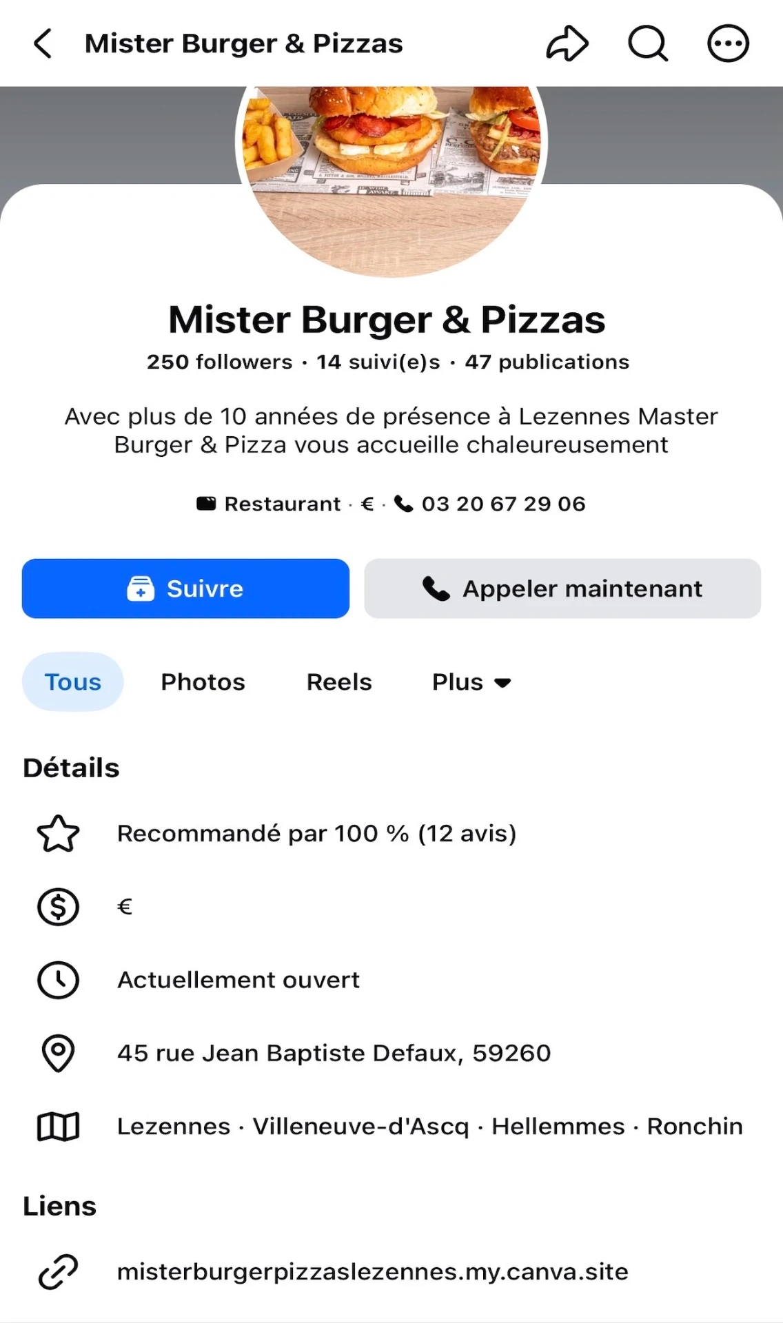 Aperçu avant : page Facebook Mister Burger & Pizzas